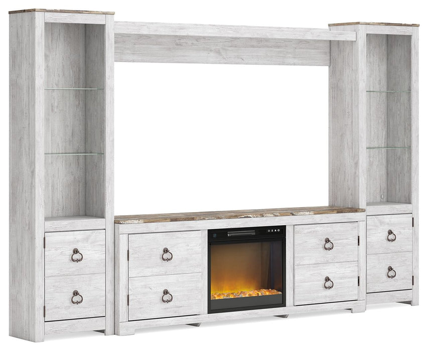 Willowton - Whitewash - 4-Piece Entertainment Center With 72" TV Stand And Glass/Stone Fireplace Insert