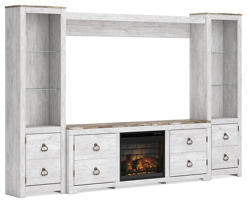 Willowton - Whitewash - 4-Piece Entertainment Center With Faux Firebrick Fireplace Insert
