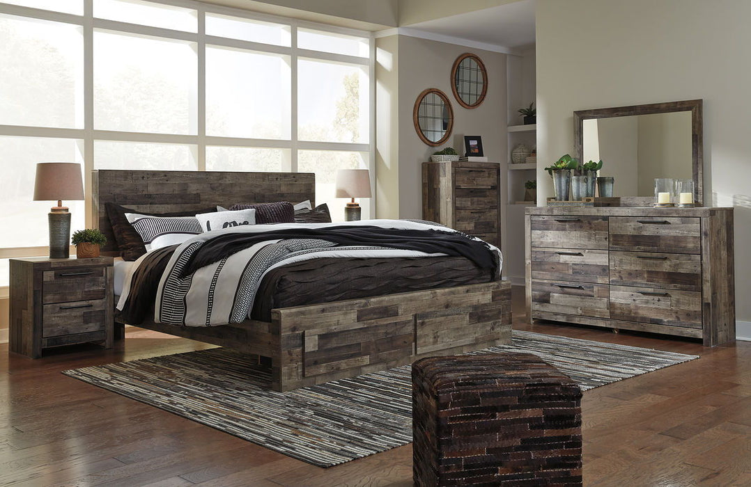 Derekson - 6 Pc. - Dresser, Mirror, King Panel Bed with 2 Storage Drawers - Multi Gray