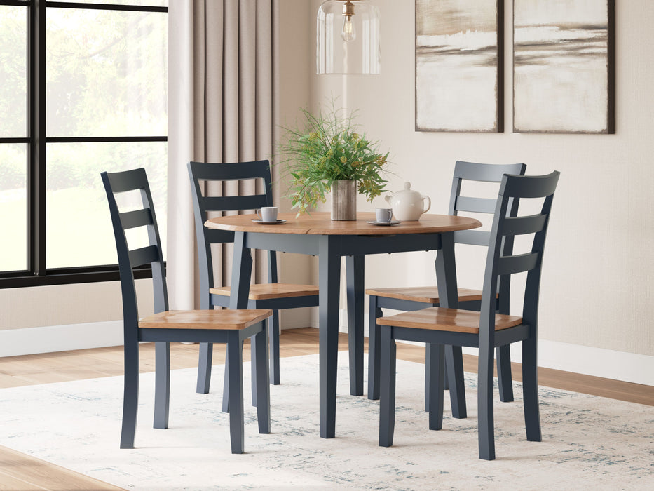 Gesthaven - Natural / Blue - 5 Pc. - Round Dining Room Drop Leaf Table, 4 Side Chairs