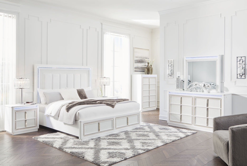 Chalanna - 7 Pc. - Dresser, Mirror, King Upholstered Storage Bed, 2 Nightstands - White