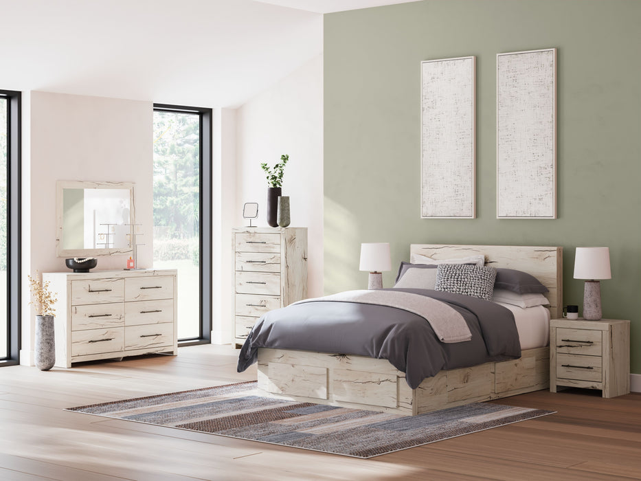 Lawroy - 7 Pc. - Dresser, Mirror, Queen Panel Bed With Storage Footboard And 2 Under Bed Storage Units - Light Natural