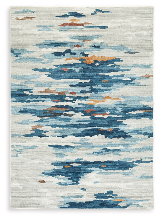 Vinlett - 5' x 7' Washable Rug - Cream / Blue / Brown
