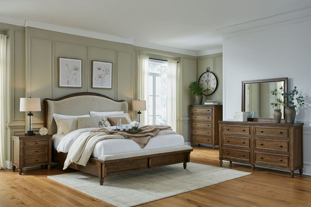 Sturlayne - 5 Pc. - Dresser, Mirror, Queen Upholstered Panel Bed - Brown