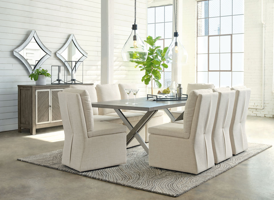 Krystanza - 9 Pc. - Dining Room Table, 8 Oatmeal Side Chairs, Server - Weathered Gray