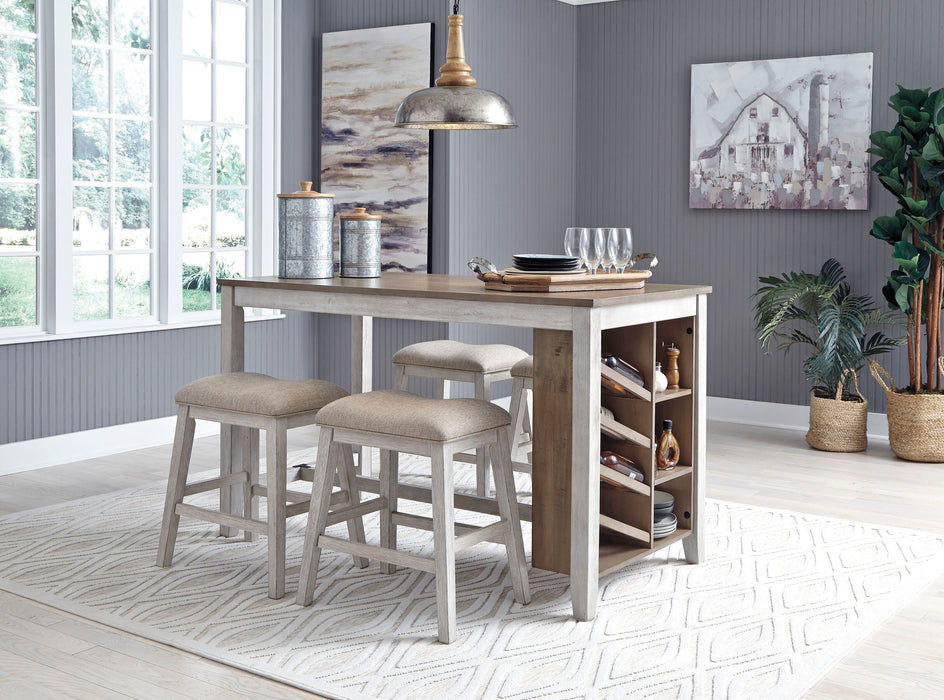 Skempton - 5 Pc. - Counter Table, 4 Upholstered Stools - White