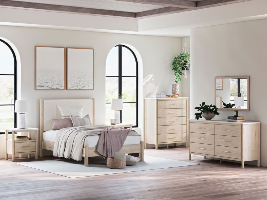 Cadmori - 6 Pc. - Dresser, Mirror, Chest, Full Upholstered Panel Bed - Two-tone