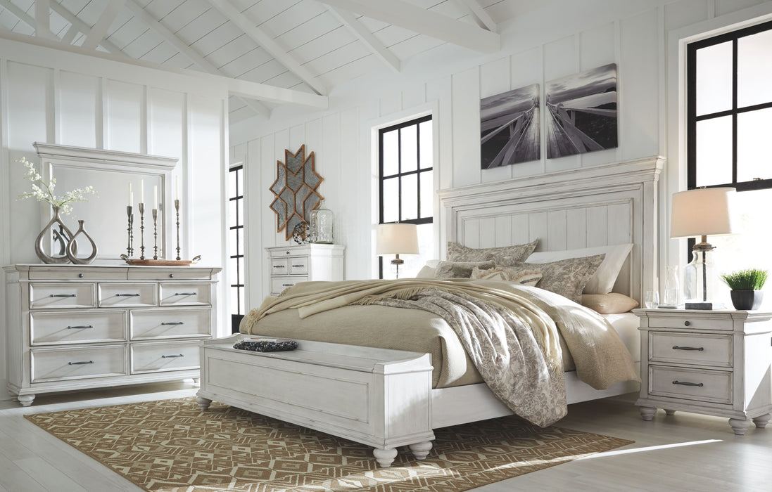 Kanwyn - 8 Pc. - Dresser, Mirror, Chest, Queen Panel Bed with Storage Bench, 2 Nightstands - Whitewash