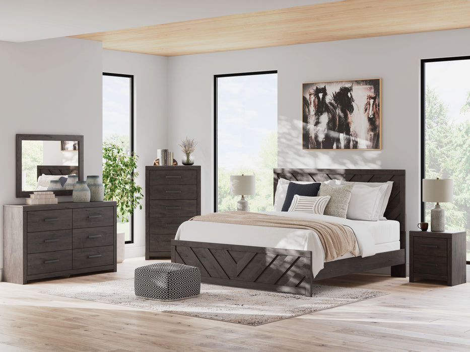 Prendonea - 5 Pc. - Dresser, Mirror, Chest, King Panel Bed - Charcoal
