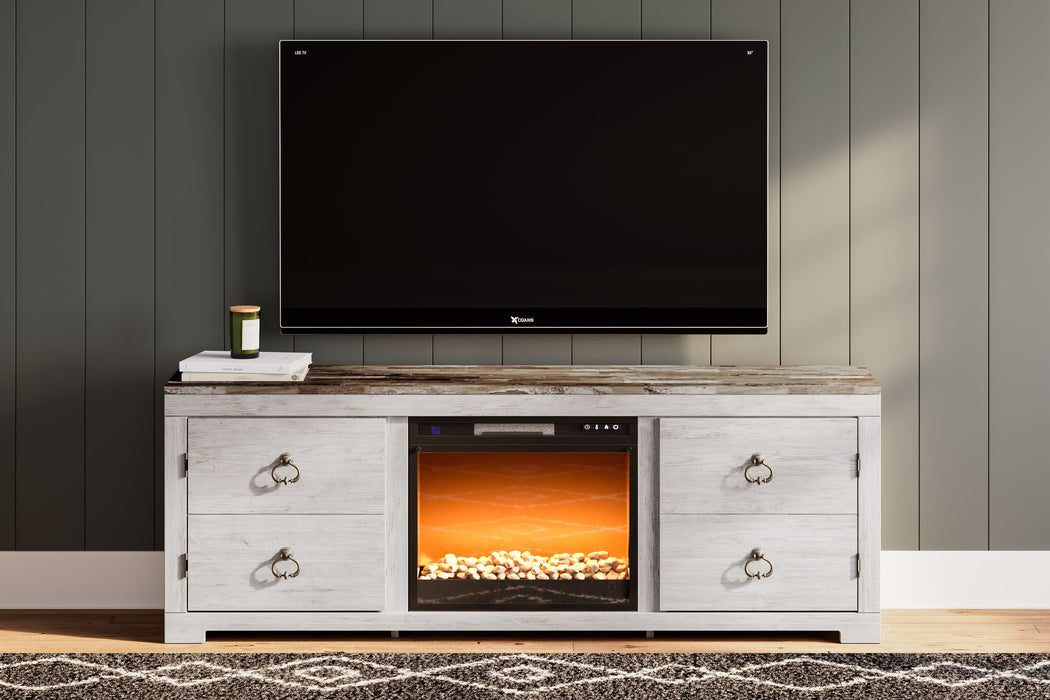 Willowton - Whitewash - 72" TV Stand With Fireplace Insert Glass/Stone