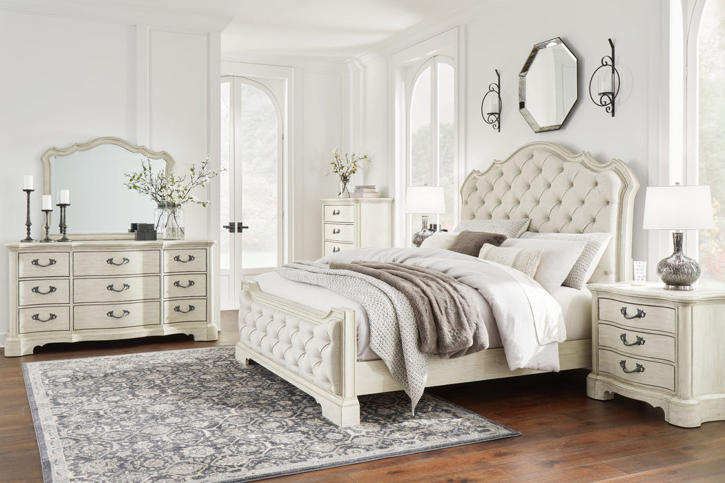 Arlendyne - 8 Pc. - Dresser, Mirror, Chest, California King Upholstered Bed, 2 Nightstands - Antique White