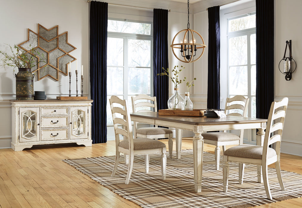 Realyn - White - 6 Pc. - Extension Table, 4 Ladderback Side Chairs, Server