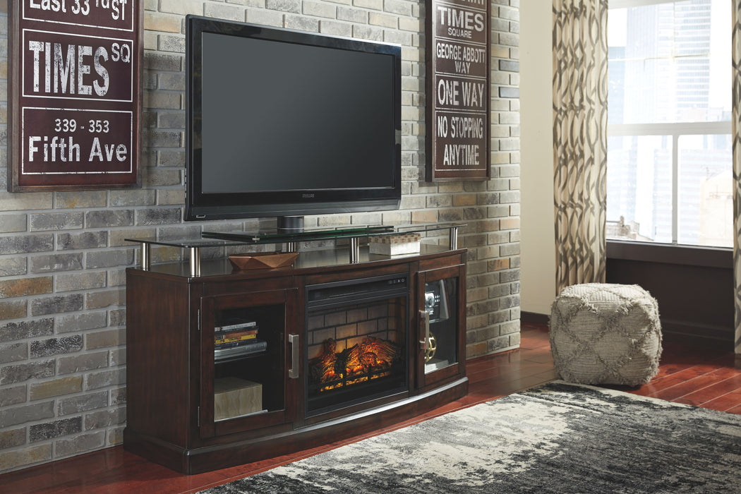 Chanceen - Dark Brown - 2 Pc. - 60" TV Stand With Faux Firebrick Fireplace Insert