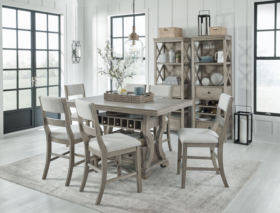 Moreshire - Bisque - 9 Pc. - Counter Table, 6 Upholstered Barstools, 2 Display Cabinets