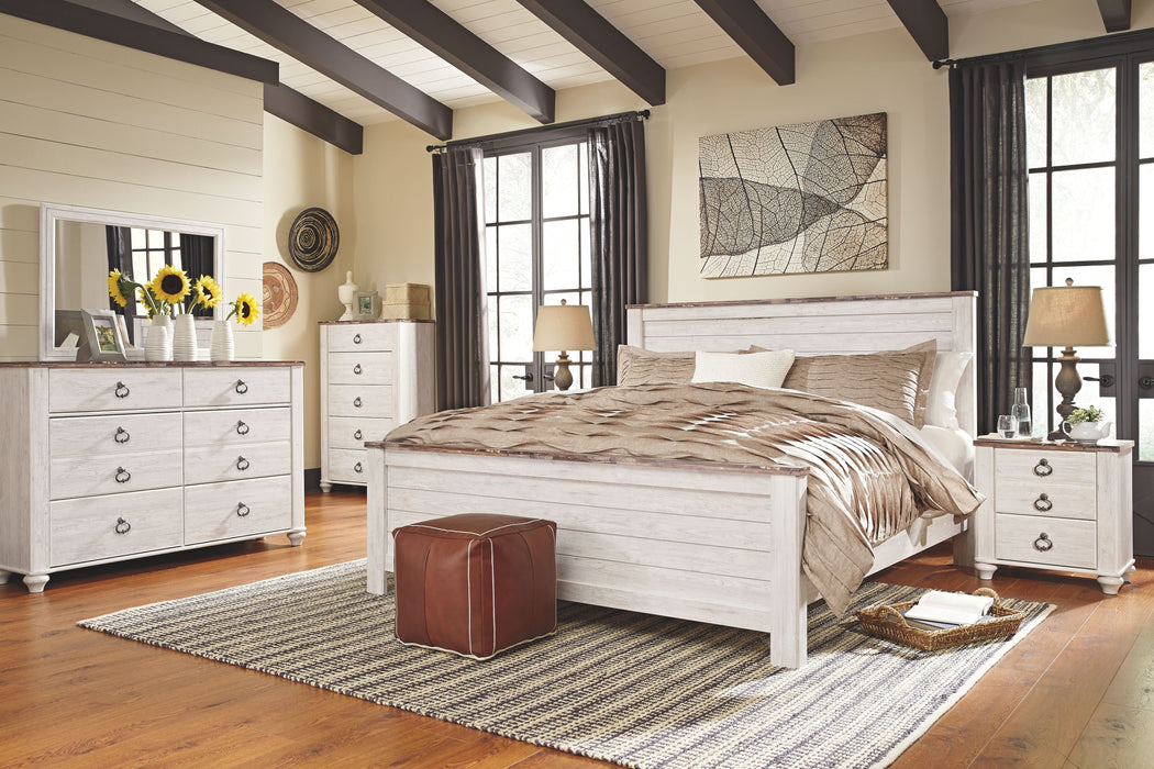 Willowton - 7 Pc. - Dresser, Mirror, California King Panel Bed, 2 Nightstands - Whitewash