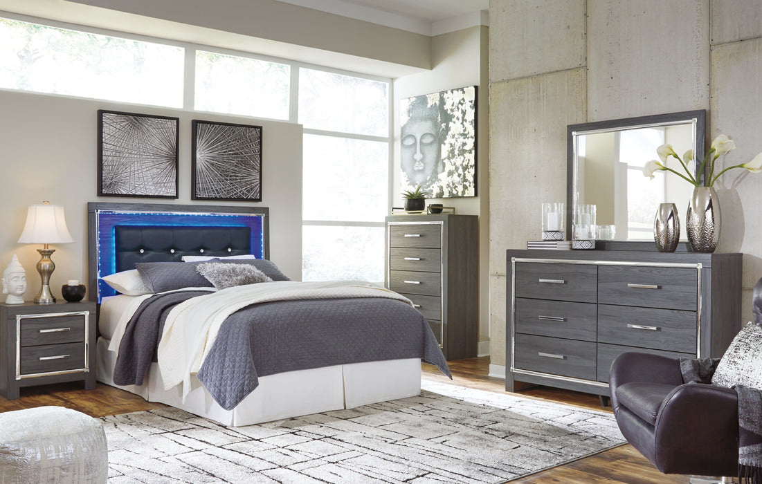 Lodanna - Gray - 5 Pc. - Dresser, Mirror, Queen Upholstered Panel Headboard With Bolt On Bed Frame, Nightstand