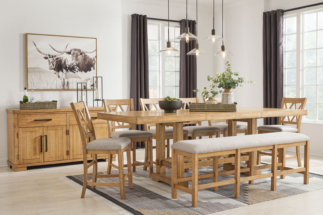 Havonplane - Brown - 9 Pc. - Counter Extension Table, 6 Upholstered Barstools, Bench, Server