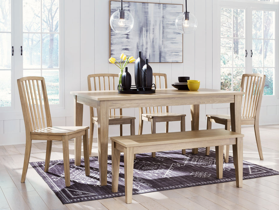 Gleanville - Light Brown - 6 Pc. - Rectangular Dining Room Table, 4 Side Chairs, Large Bench