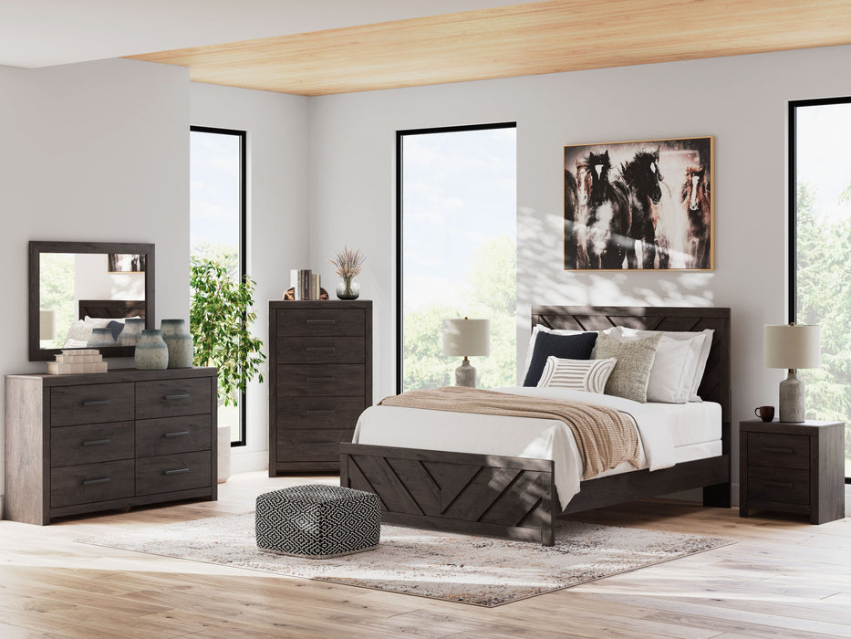 Prendonea - 4 Pc. - Dresser, Mirror, Queen Panel Bed - Charcoal