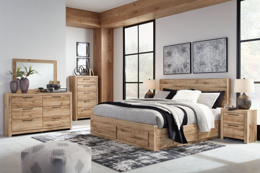 Hyanna - 9 Pc. - Dresser, Mirror, Queen Panel Bed with 4 Storage Drawers, 2 Nightstands - Tan