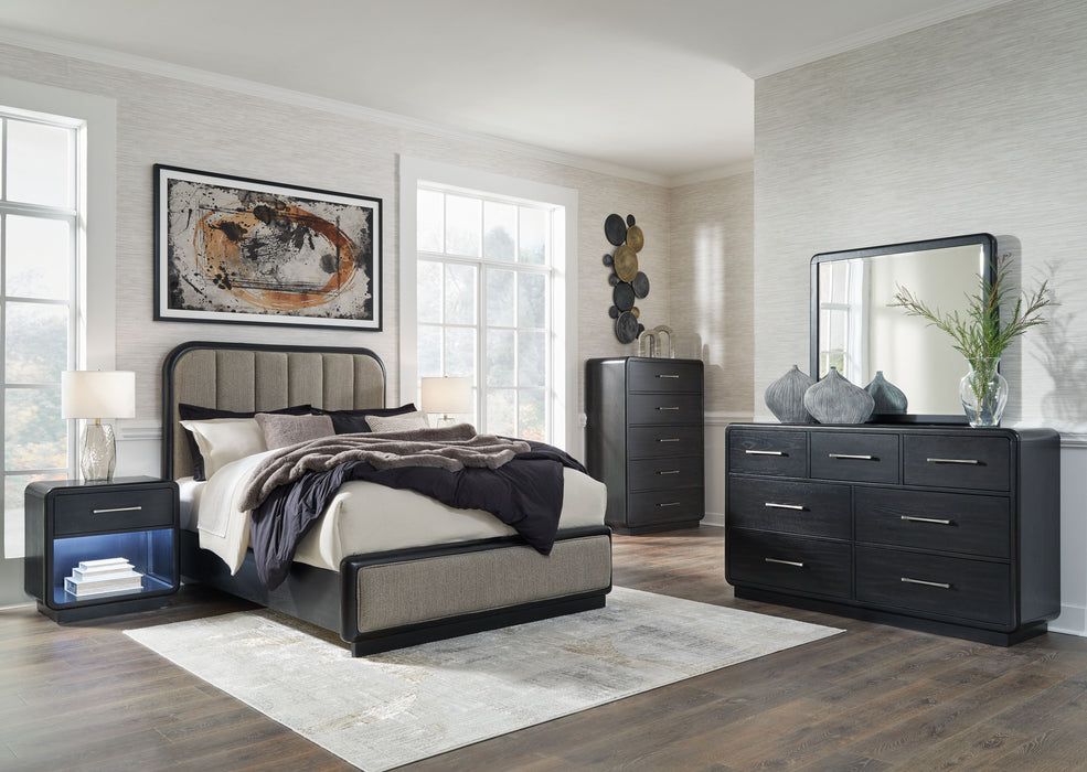 Rowanbeck - 4 Pc. - Dresser, Mirror, Queen Upholstered Panel Bed - Gray / Black