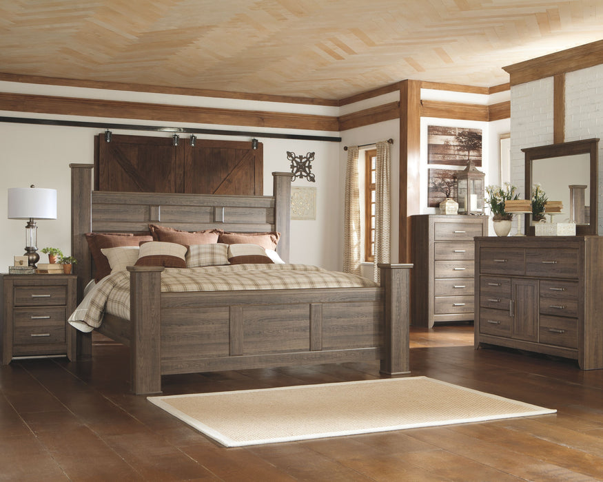 Juararo - 7 Pc. - Dresser, Mirror, California King Poster Bed, 2 Nightstands - Dark Brown