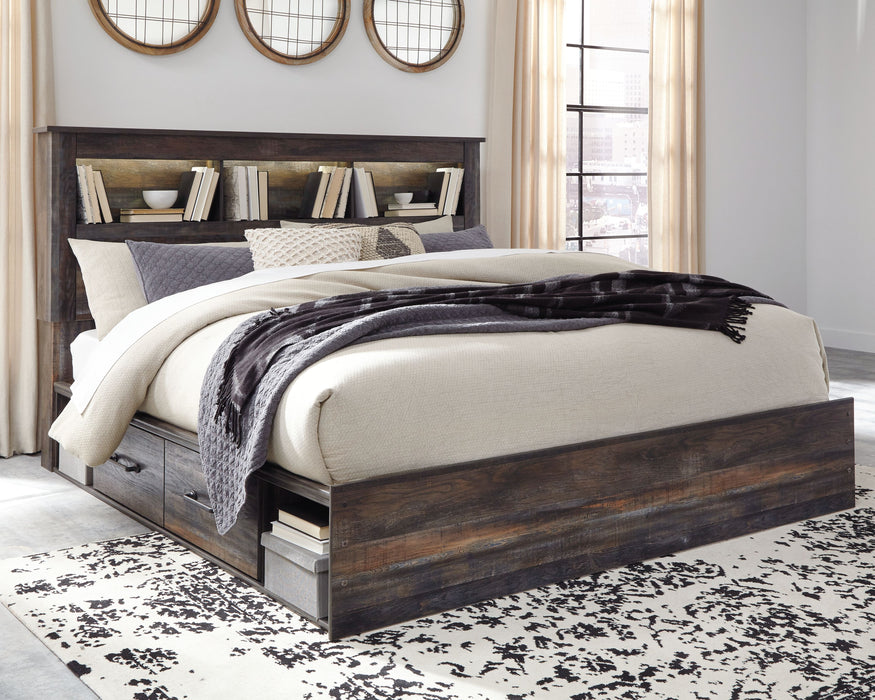 Drystan - Brown / Beige - King Bookcase Bed With 4 Storage Drawers