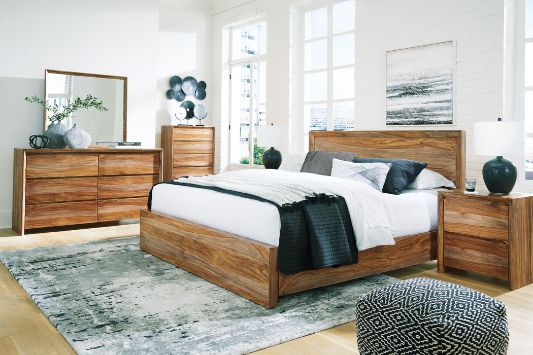Dressonni - 6 Pc. - Dresser, Mirror, King Panel Bed, 2 Nightstands - Brown