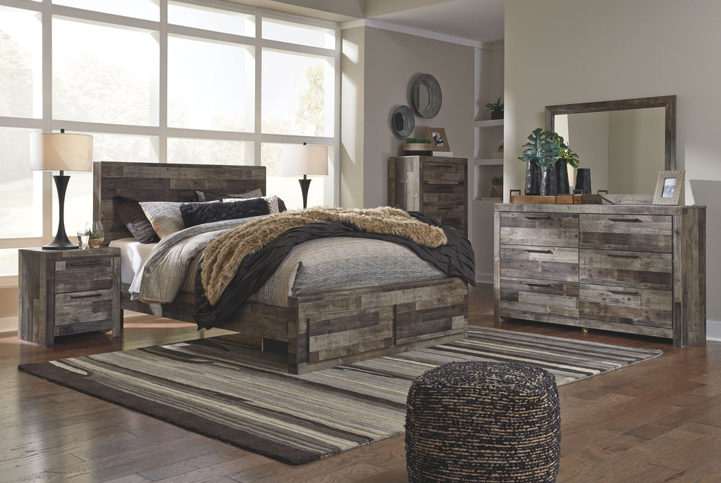 Derekson - 7 Pc. - Dresser, Mirror, Chest, Queen Panel Bed with 2 Storage Drawers - Multi Gray