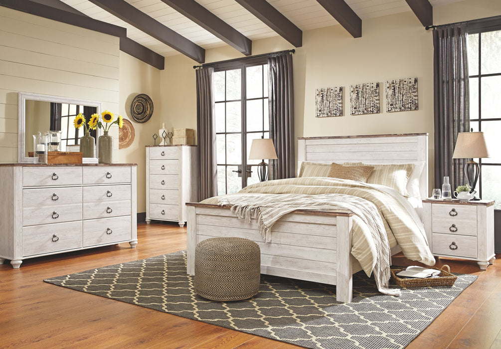 Willowton - Whitewash - 6 Pc. - Dresser, Mirror, Chest, Queen Panel Bed