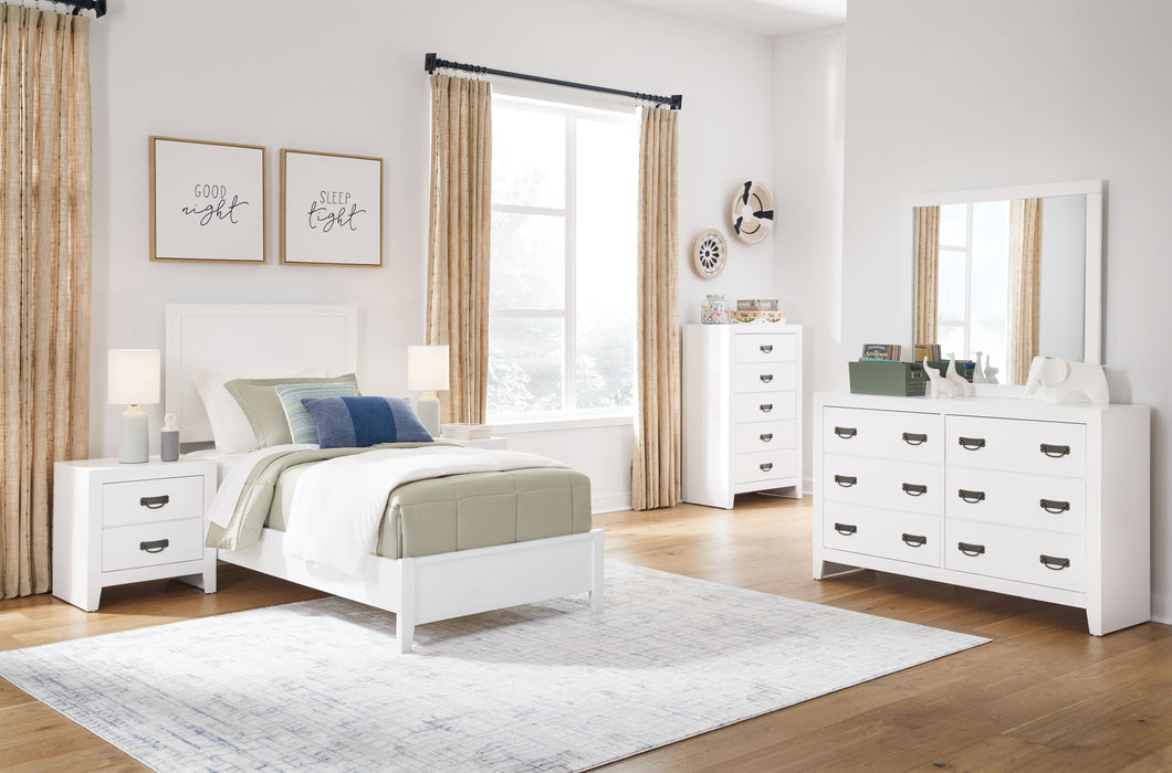 Binterglen - White - 6 Pc. - Dresser, Mirror, Twin Panel Bed, 2 Nightstands