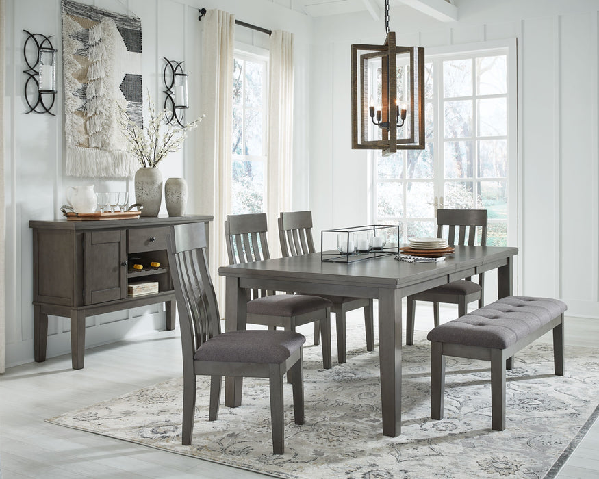 Hallanden - 7 Pc. - Extension Table, 4 Side Chairs, Bench, Server - Black / Gray