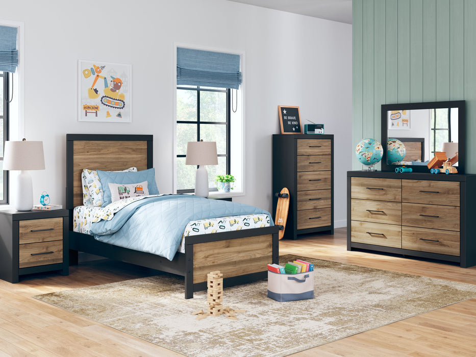 Vertani - Black - 6 Pc. - Dresser, Mirror, Twin Panel Bed, 2 Nightstands