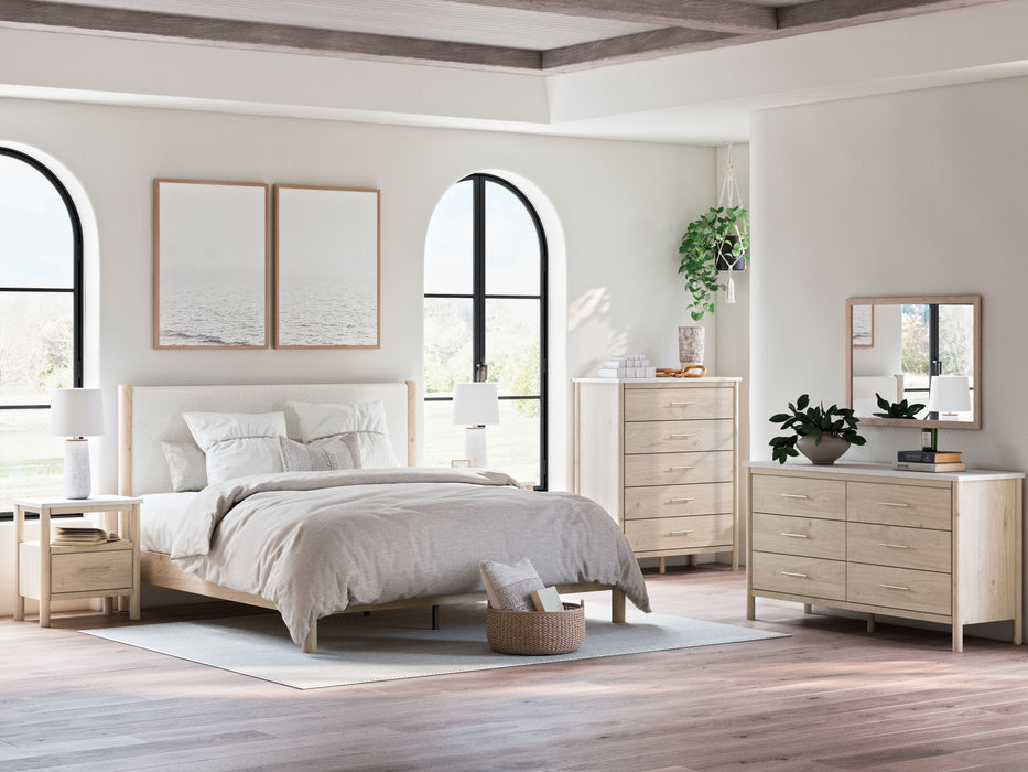 Cadmori - 8 Pc. - Dresser, Mirror, Chest, King Upholstered Panel Bed, 2 Nightstands - Two-tone
