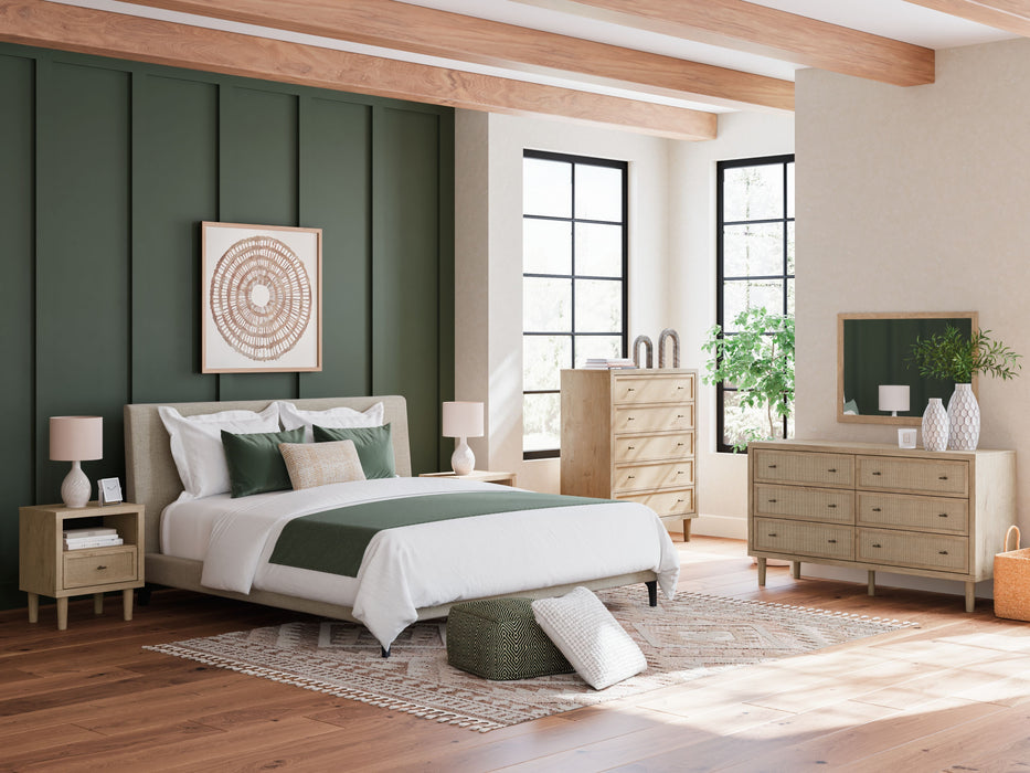Cielden - 3 Pc. - Dresser, Mirror, King Upholstered Bed With Roll Slats - Soft Gray / Beige