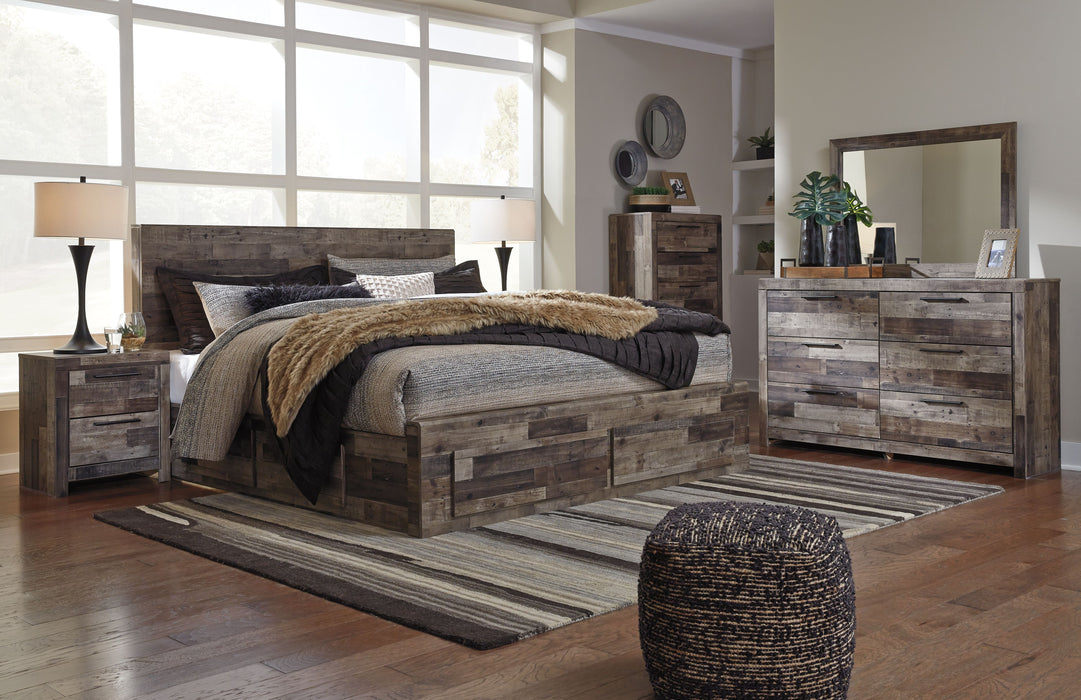 Derekson - King Panel Bed With 4 Storage Drawers - 7 Pc. - Dresser, Mirror, King Bed - Multi Gray