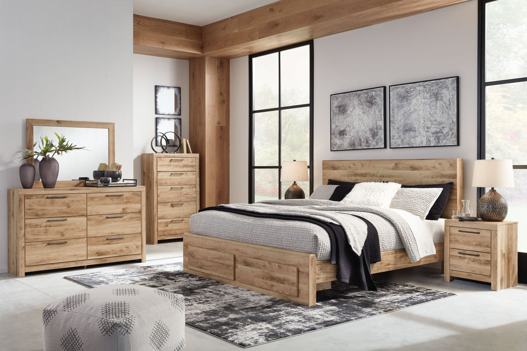 Hyanna - 8 Pc. - Dresser, Mirror, Queen Panel Bed with Footboard Storage, 2 Nightstands - Tan