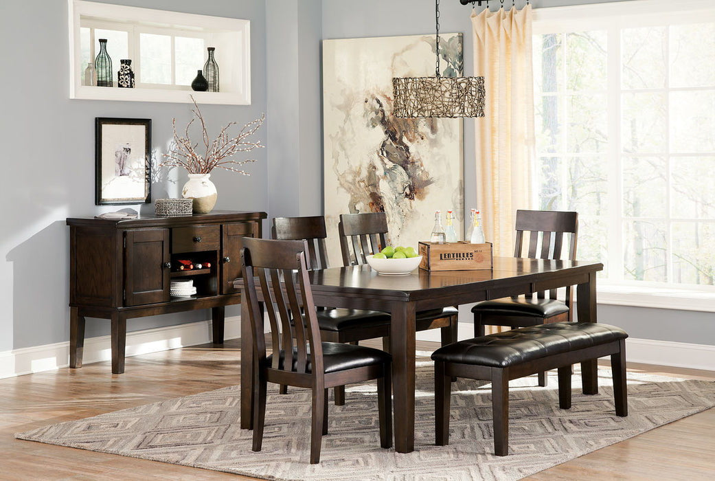 Haddigan - 7 Pc. - Extension Table, 4 Side Chairs, Bench, Server - Dark Brown