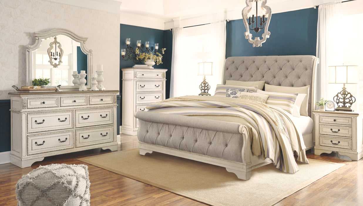 Realyn - 6 Pc. - Dresser, Mirror, Chest, California King Upholstered Sleigh Bed - Two-tone