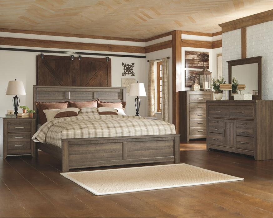 Juararo - 8 Pc. - Dresser, Mirror, Chest, California King Panel Bed, 2 Nightstands - Dark Brown