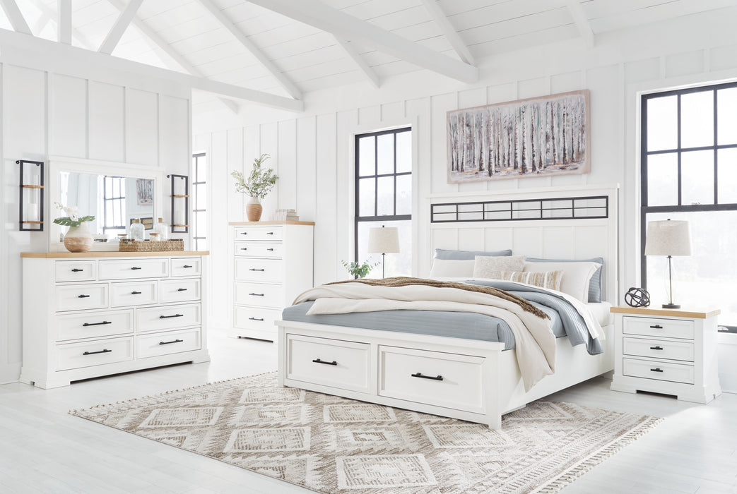 Ashbryn - 7 Pc. - Dresser, Mirror, California King Panel Storage Bed, 2 Nightstands - White / Natural