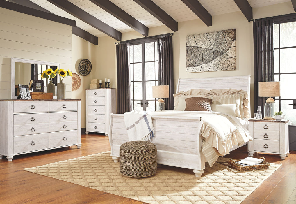 Willowton - 5 Pc. - Dresser, Mirror, Queen Sleigh Bed - Whitewash