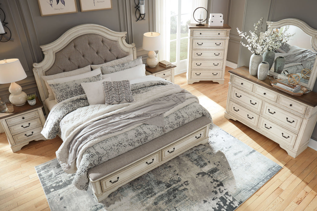 Realyn - 8 Pc. - Dresser, Mirror, Chest, King Upholstered Bed, 2 Nightstands - Two-tone