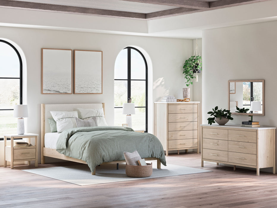 Cadmori - 6 Pc. - Dresser, Mirror, Chest, Queen Upholstered Panel Bed - Two-tone