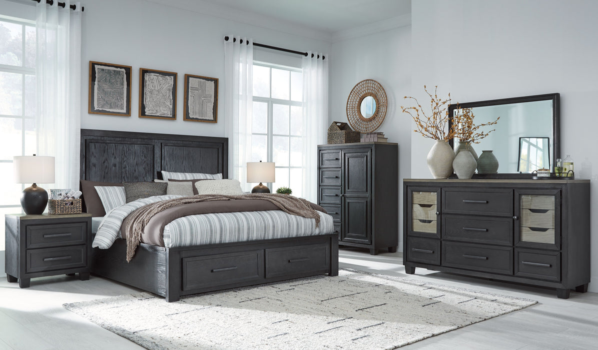 Foyland - 5 Pc. - Dresser, Mirror, King Panel Storage Bed - Black / Brown