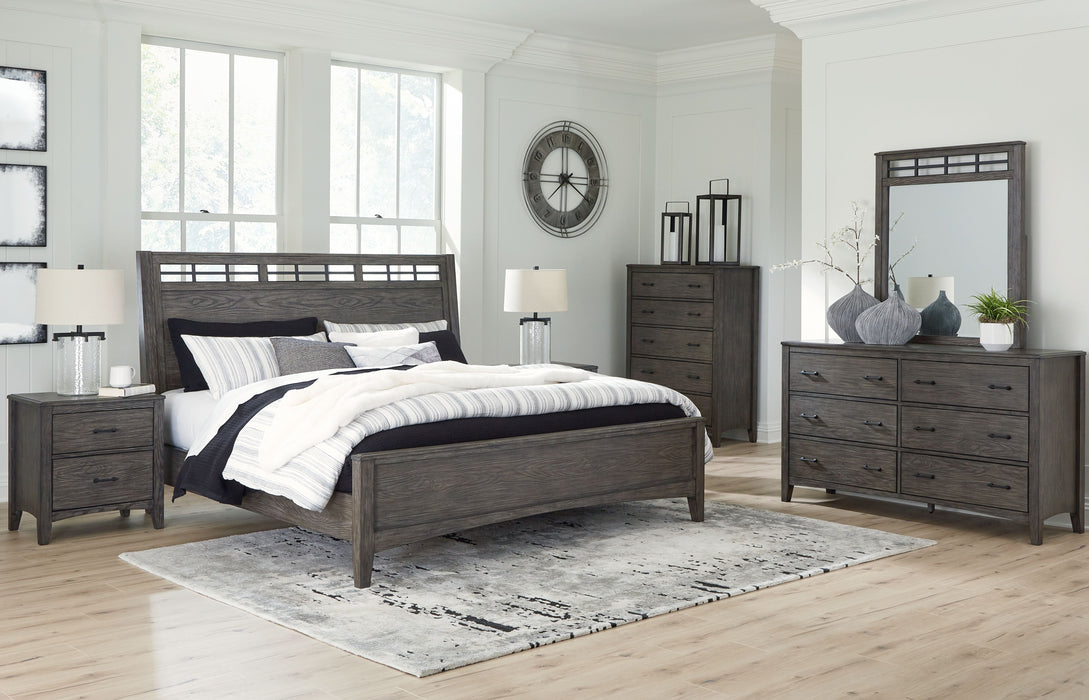 Montillan - Grayish Brown - 5 Pc. - Dresser, Mirror, King Panel Bed