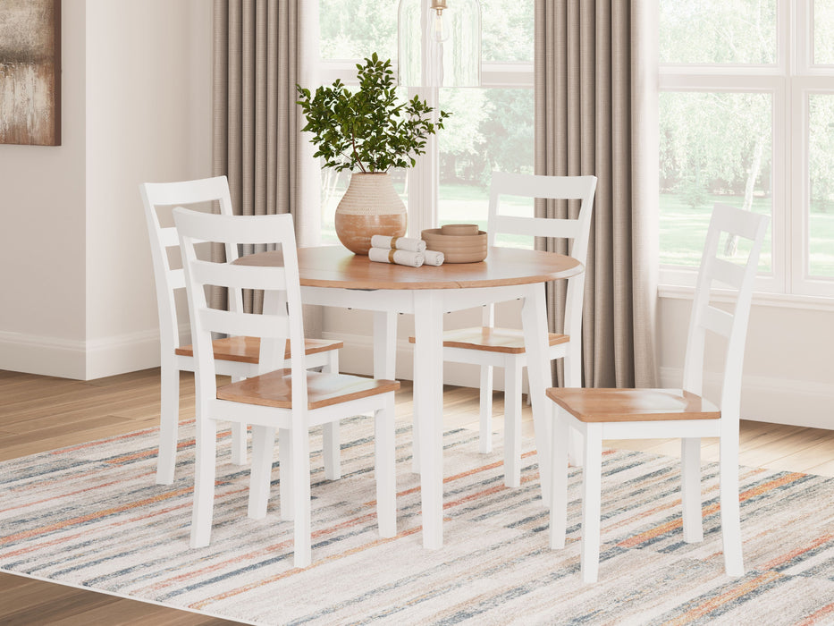 Gesthaven - Natural / White - 5 Pc. - Round Dining Room Drop Leaf Table, 4 Side Chairs
