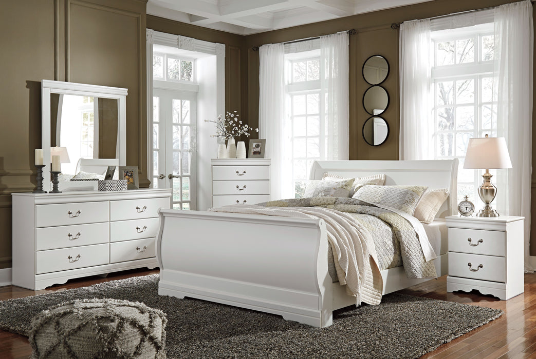 Anarasia - 6 Pc. - Dresser, Mirror, Queen Sleigh Bed, Nightstand - White
