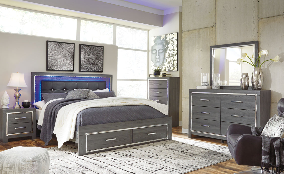 Lodanna - 5 Pc. - Dresser, Mirror, King Panel Bed with 2 Storage Drawers - Gray