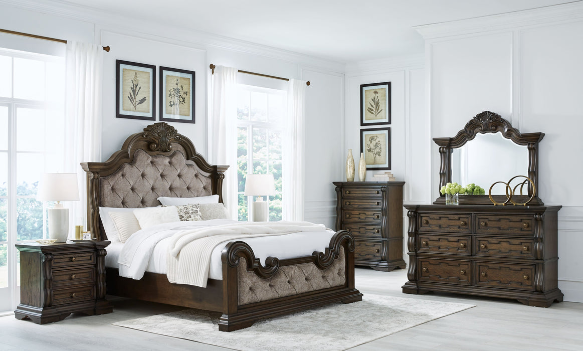 Maylee - 7 Pc. - Dresser, Mirror, Queen Upholstered Bed, 2 Nightstands - Dark Brown